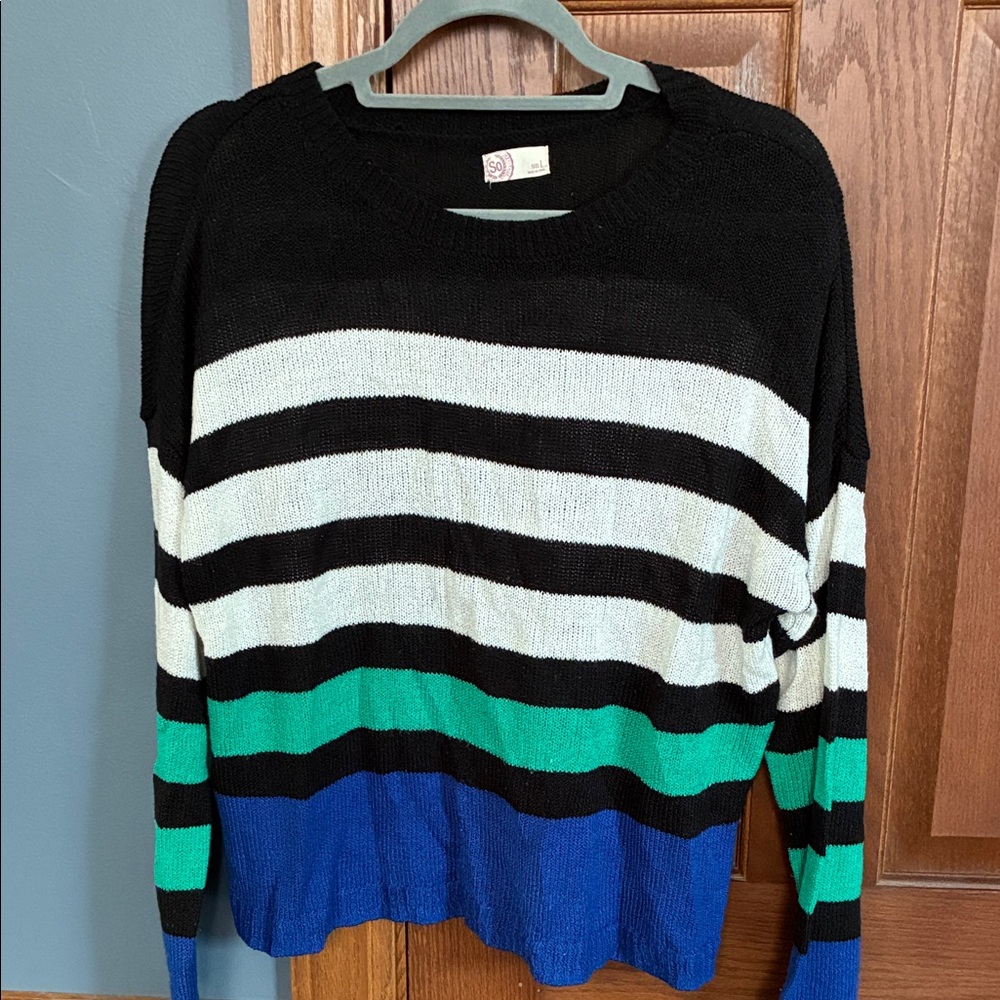 SO Women's Striped Black, White, Green, and Blue Sweater